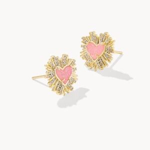 Dolly Parton x Kendra Scott Ari Heart Gold Stud Earrings In Light Pink Drusy